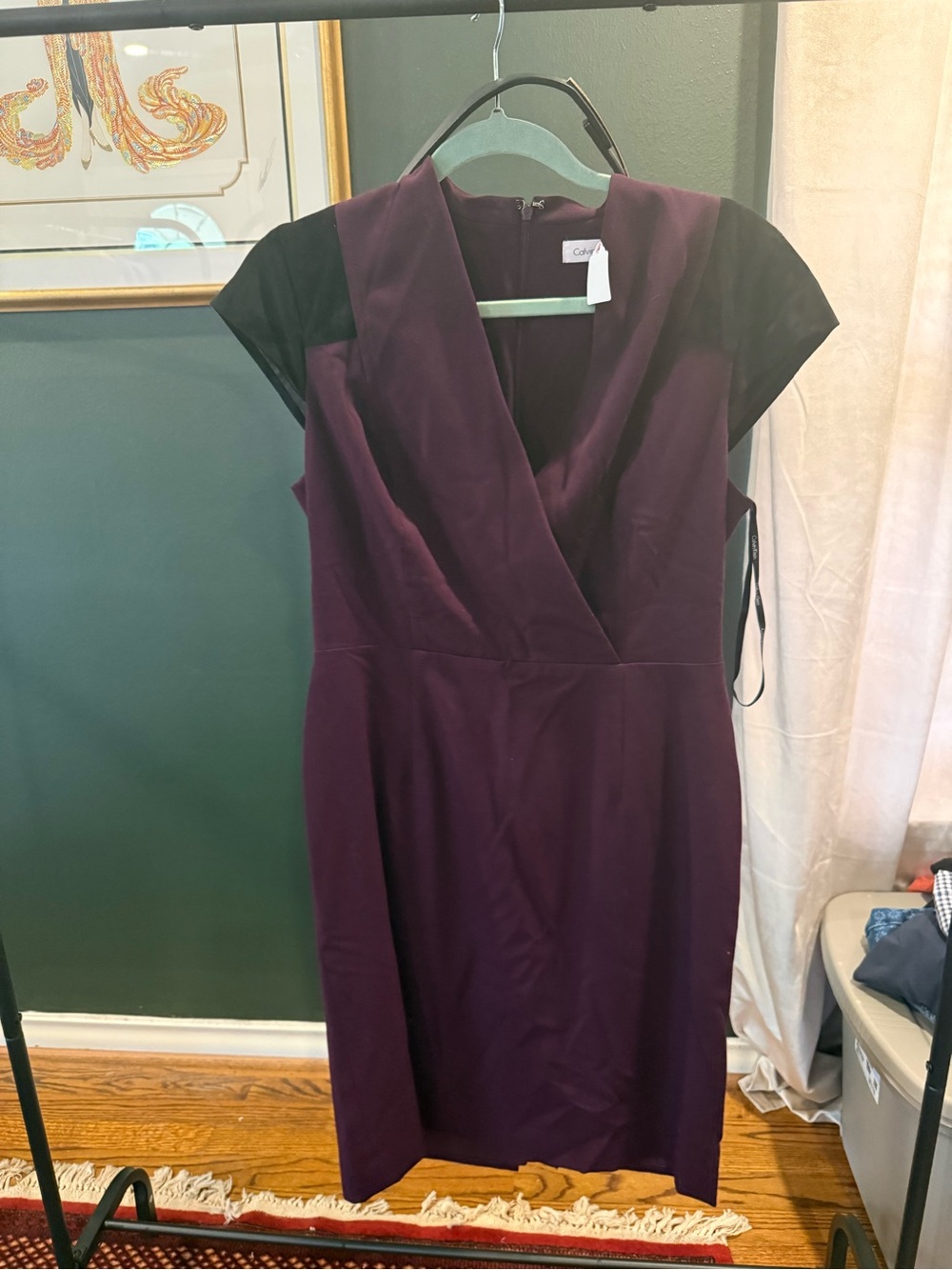 Calvin Klein Plum Sheath Dress with Black Cap Sleeves